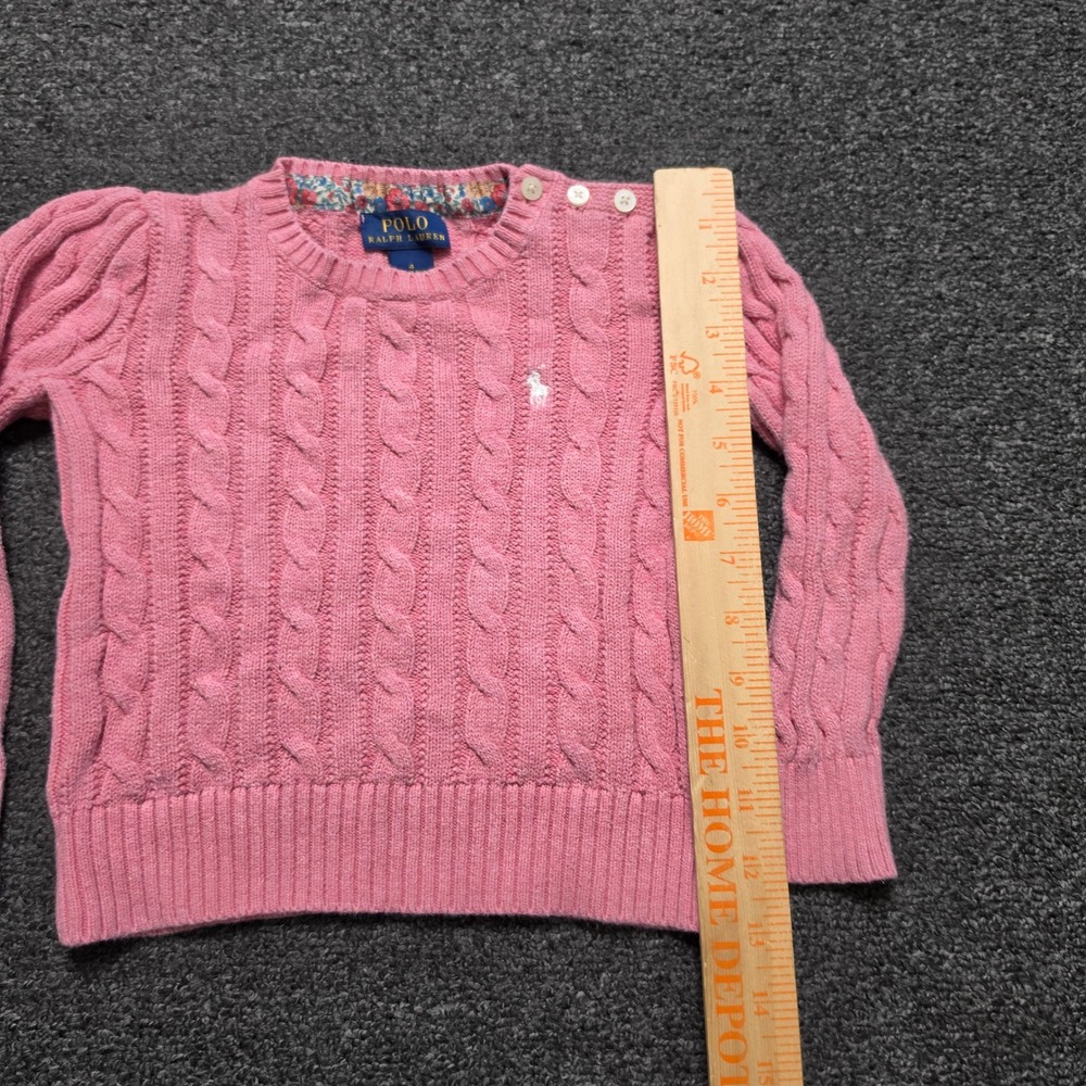 Polo Ralph Lauren Cable Knit Sweater Pink Girls 4 Puff Sleeve Button Shoulder - Picture 3 of 6